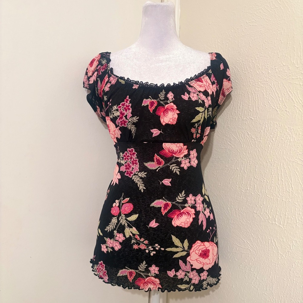 Vtg 90s Y2K Black Pink Floral Babydoll Milkmaid Lace Trim Tie Back Top Sz M/L